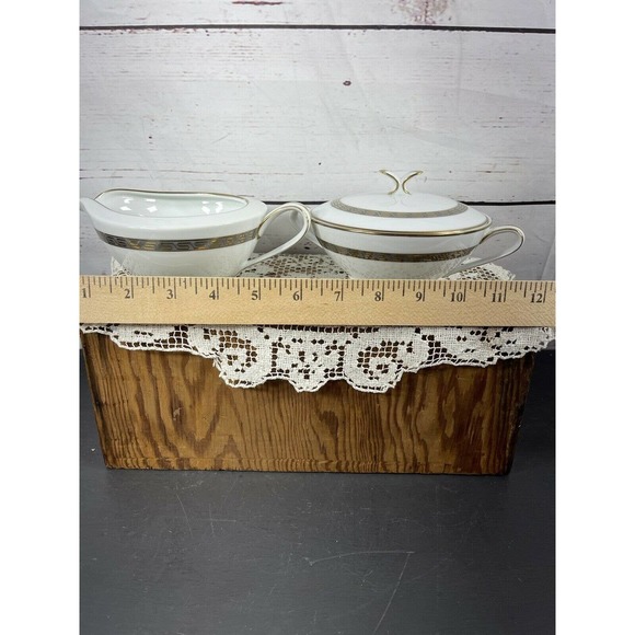 Noritake China Japan Hartford Grey Gold Greek Key Lidded Sugar Bowl And Creamer - Picture 11 of 12
